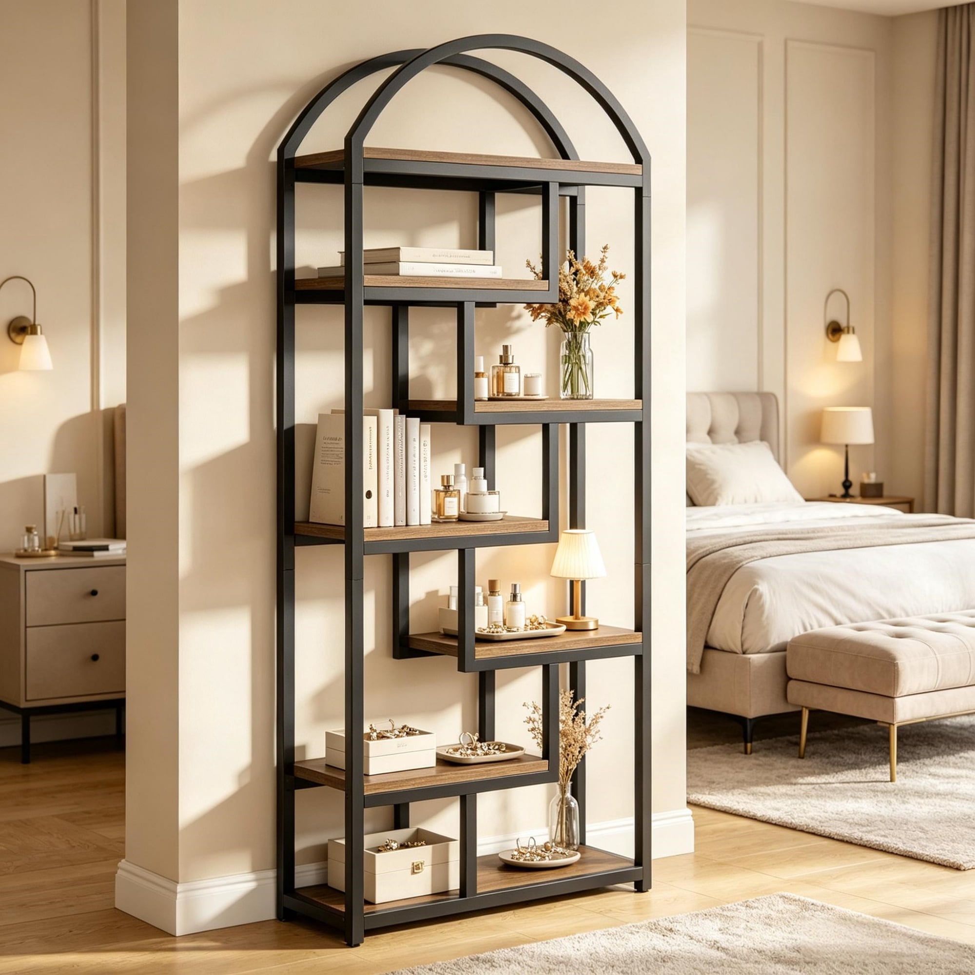 71 Inch Arched Industrial Bookshelf, Open Display Bookcase