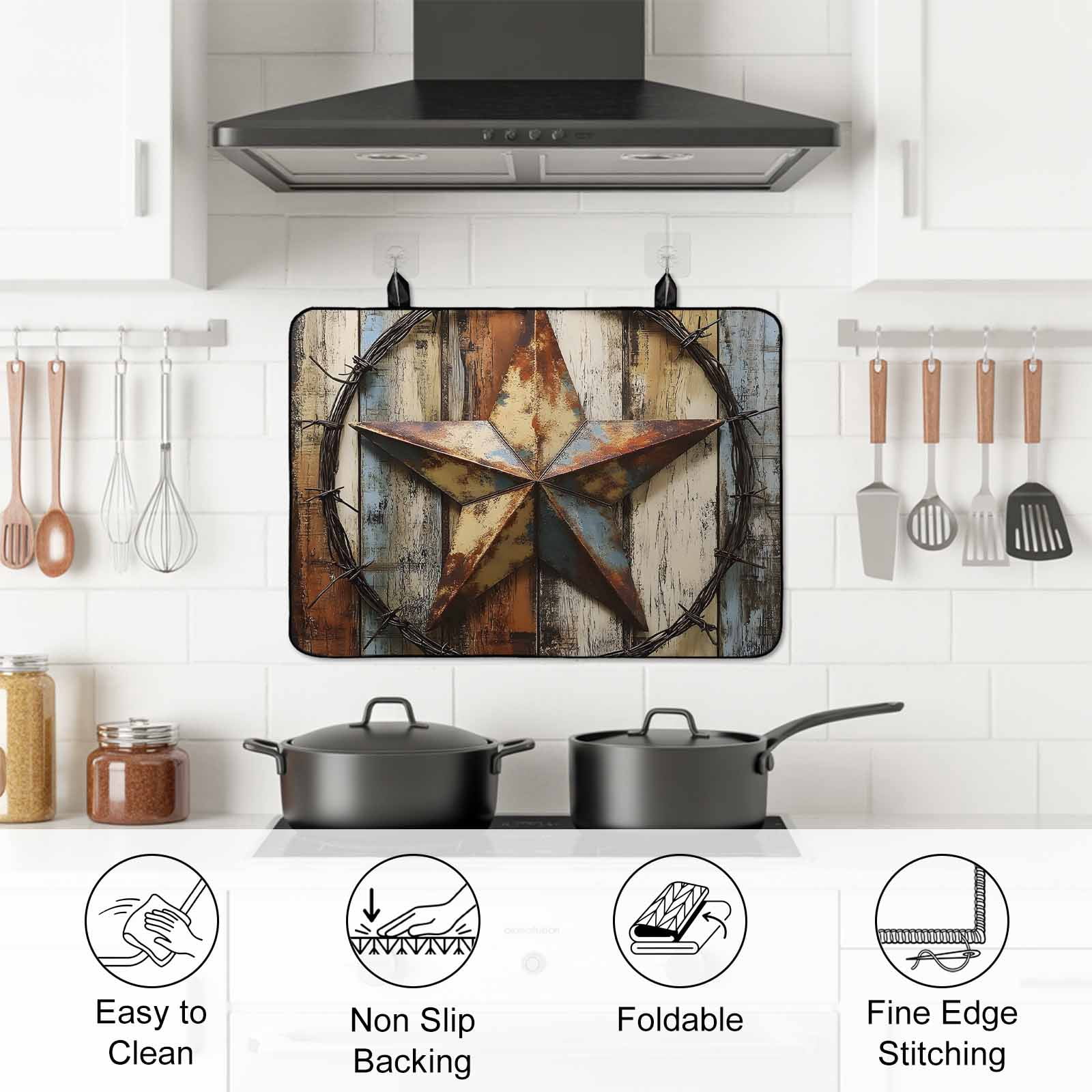 Vintage Farmhouse Stove Top Cover for Electric Stove, Heat-proof & Non Slip Glass Top Stove Cover Protector, Country Western Texas Star Wood Grain Kitchen Flat Cooktop Rubber Mat 24x21 Inches