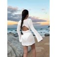 thumbnail image 5 of Womens Solid Color Crochet Lace Backless Long Sleeve Cover Up Sweater Beach Dress Summer Holiday White S, 5 of 8