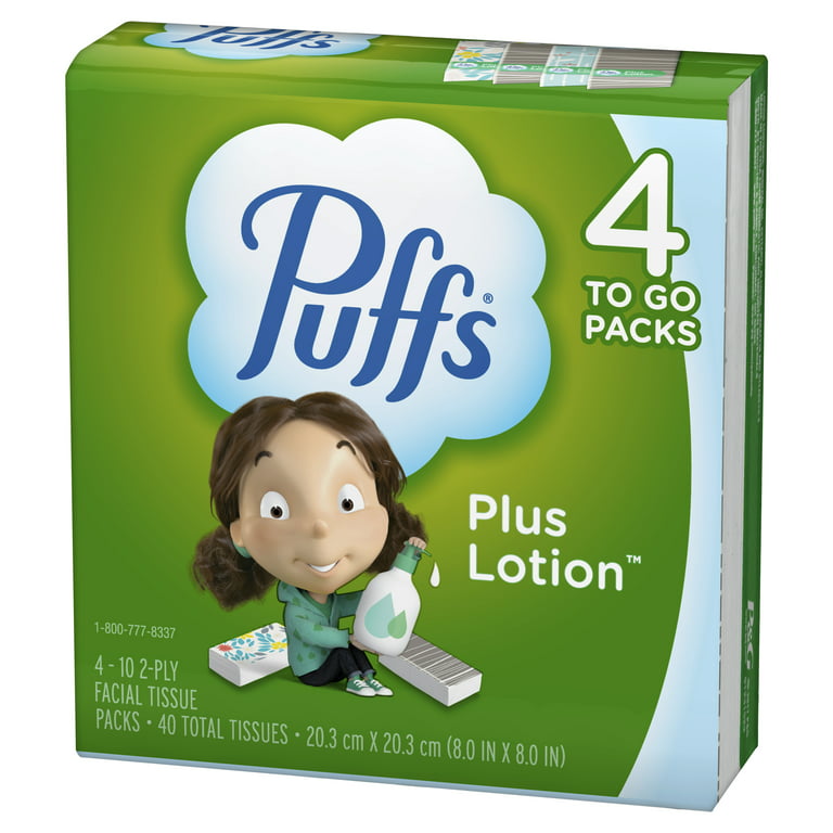 Puffs Plus Lotion Facial Tissues, 4 To-Go Packs, 10 tissues per pack 