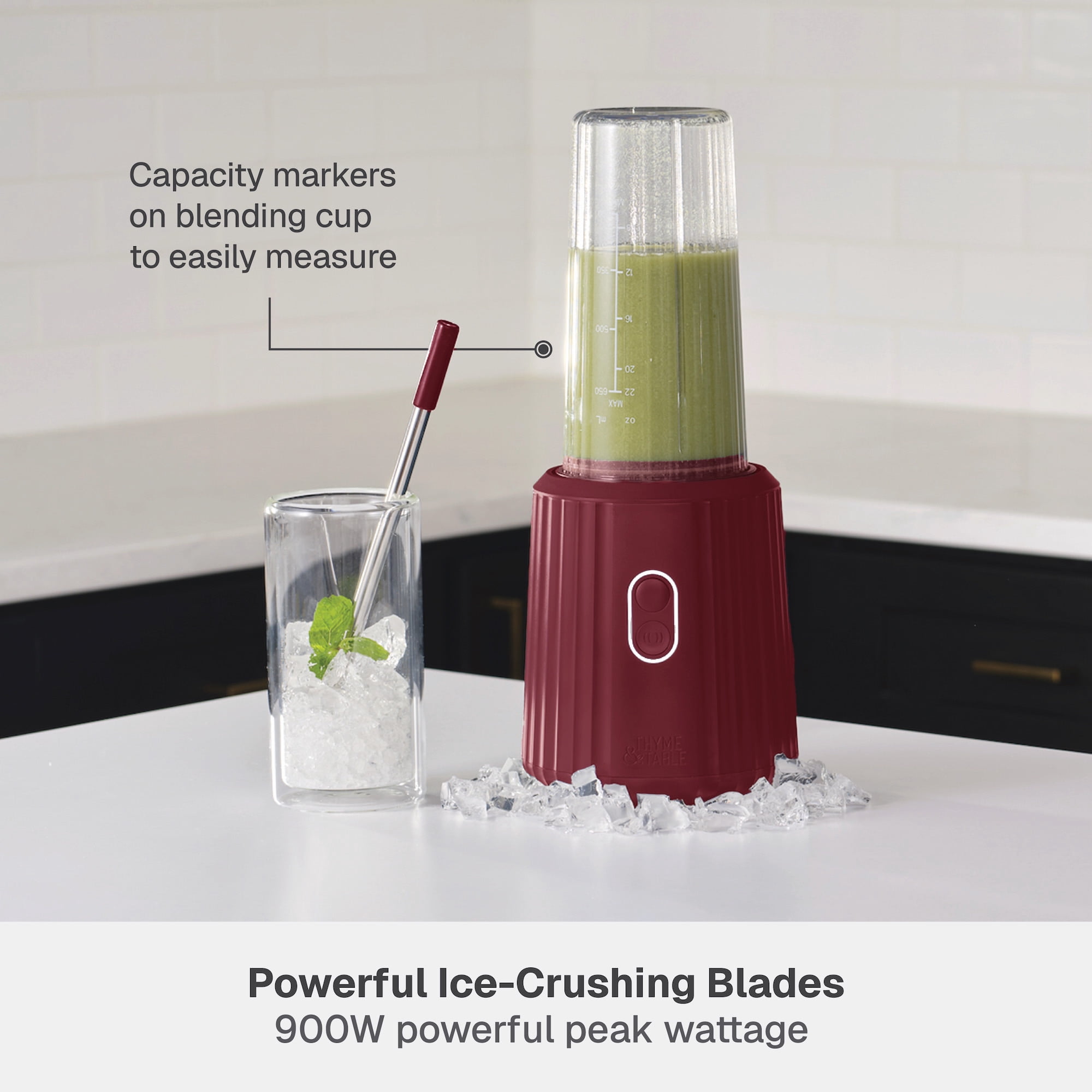 Thyme & Table 900 W 25 oz Single Serve Blender with Tritan Vessel, Smart Seal Lid and Straw, 6-Point Stainless Steel Blade, Cabernet Red