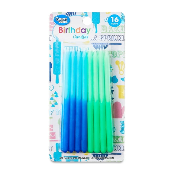 Great Value Tall Ombre Blue and Green Birthday Candles, 16 Count