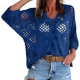 thumbnail image 3 of Fewfanhot Women Crochet Hollow‑Out V‑Neck 3/4 Sleeve Top, Loose Knit Casual Pullover Blouse for Ladies, 3 of 7