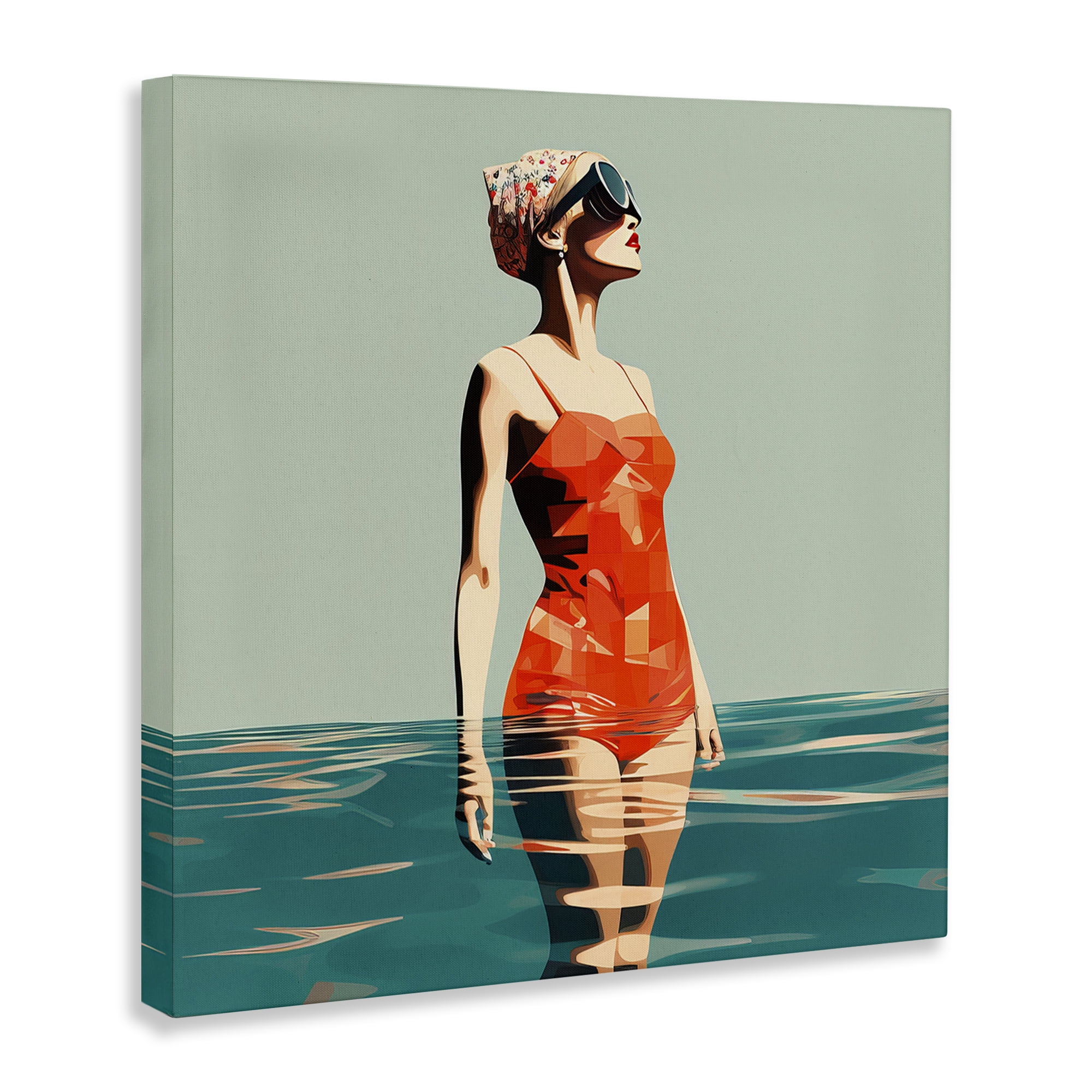 Stupell Industries Retro Woman in Swimsuit Novelty Painting Gallery Wrapped Canvas Art Print Wall Art, 24 x 24