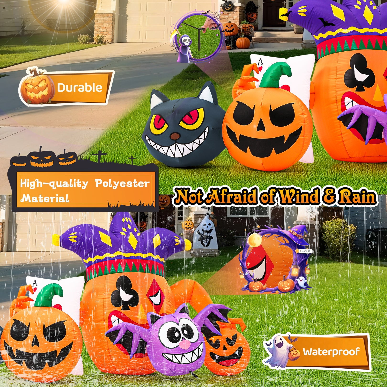 Funcid 5.3FT Halloween Inflatables Outdoor Decorations - 5 Character Blow Up Yard Decor with Color-Changing Cat & Cross-Lighting