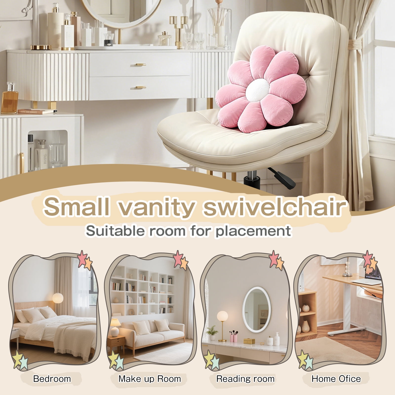 Vanity Chair with Back, PU Leather Swivel Office Desk Chair, Height Adjustable Armless Chair for Small Spaces, Bedroom, Vanity, Home Office Beige