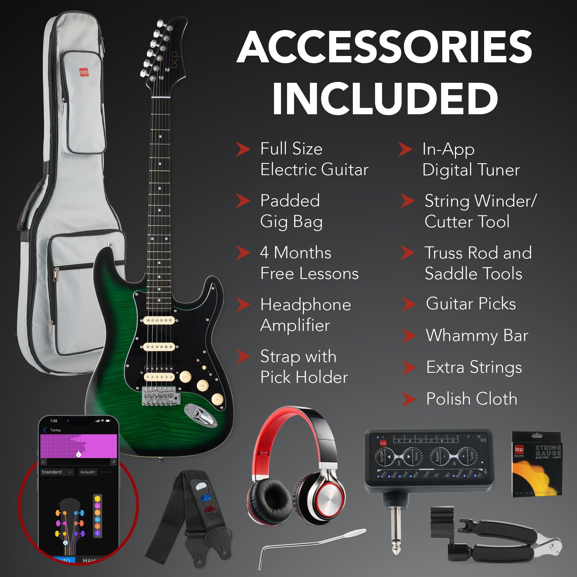 Best Choice Products Beginner HSS Electric Guitar Kit w/ Headphone Amp, Gig-Bag, Headphones - Green Flametop/Black