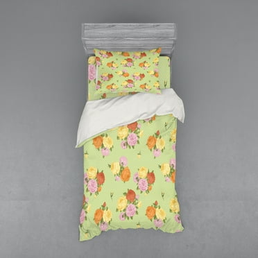 Shabby Flora Duvet Cover Set, Flower Bouquets Vintage Roses on Dotted Background Print Art, Bedding Set with Shams and Fitted Sheet, 3 Sizes, by Ambesonne
