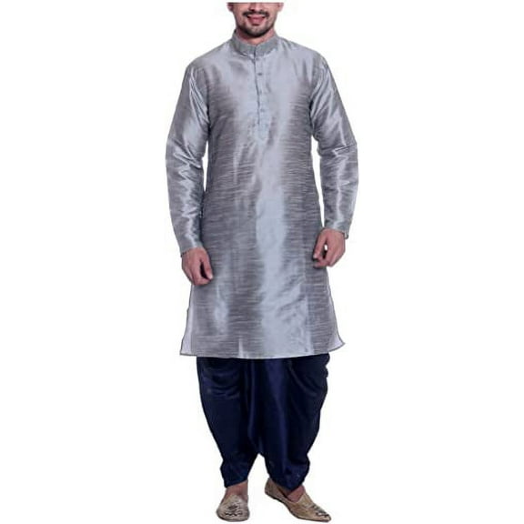 Royal Men's Silk Blend Dhoti & Kurta Set_Silver