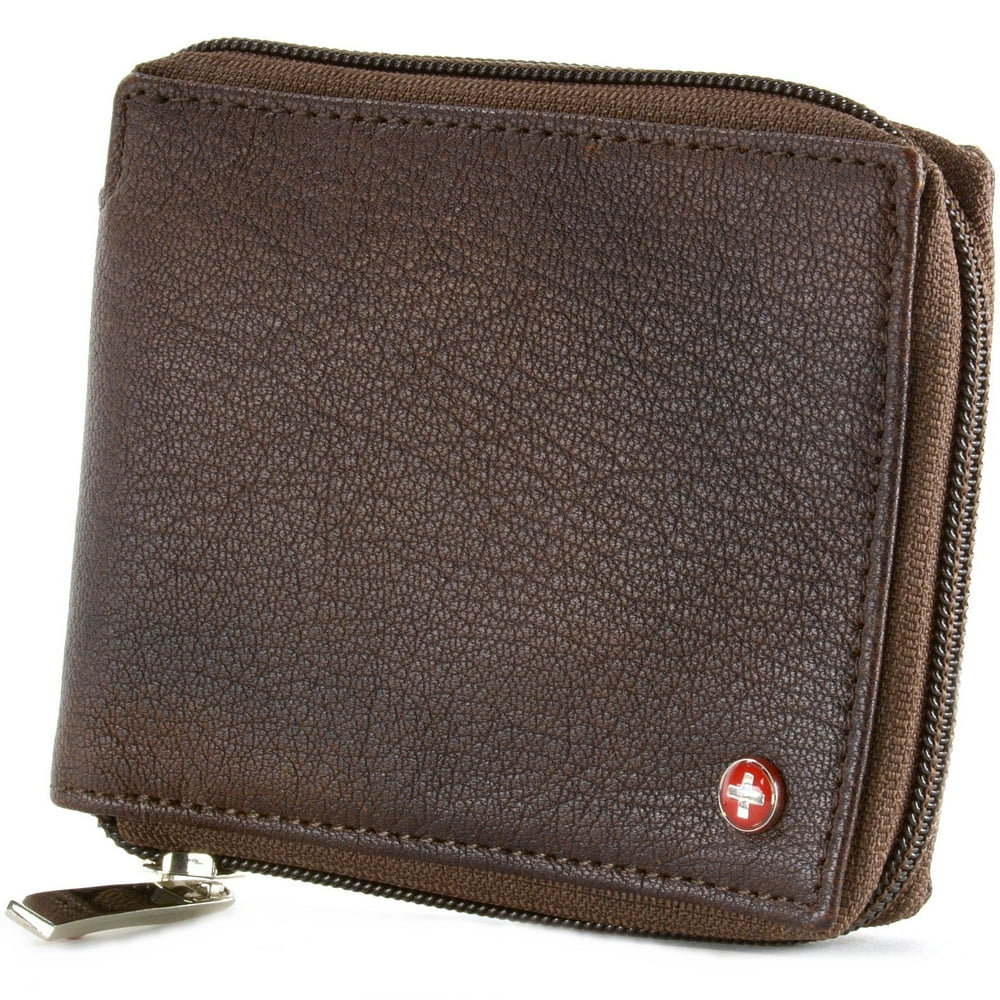 Alpine Swiss Men's Leather Zip Around Wallet ID Card Window Secure