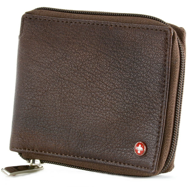 Men's Leather Zip Around Wallet ID Card Window Secure Zipper Bifold ...