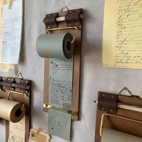 Vintage Wall Mounted Clipboard with Paper Roll, Refillable Kraft Paper Memo Board with Cutter, Rustic Wooden Note Board for Home Office Kitchen, Farmhouse Home Decor and Message Center