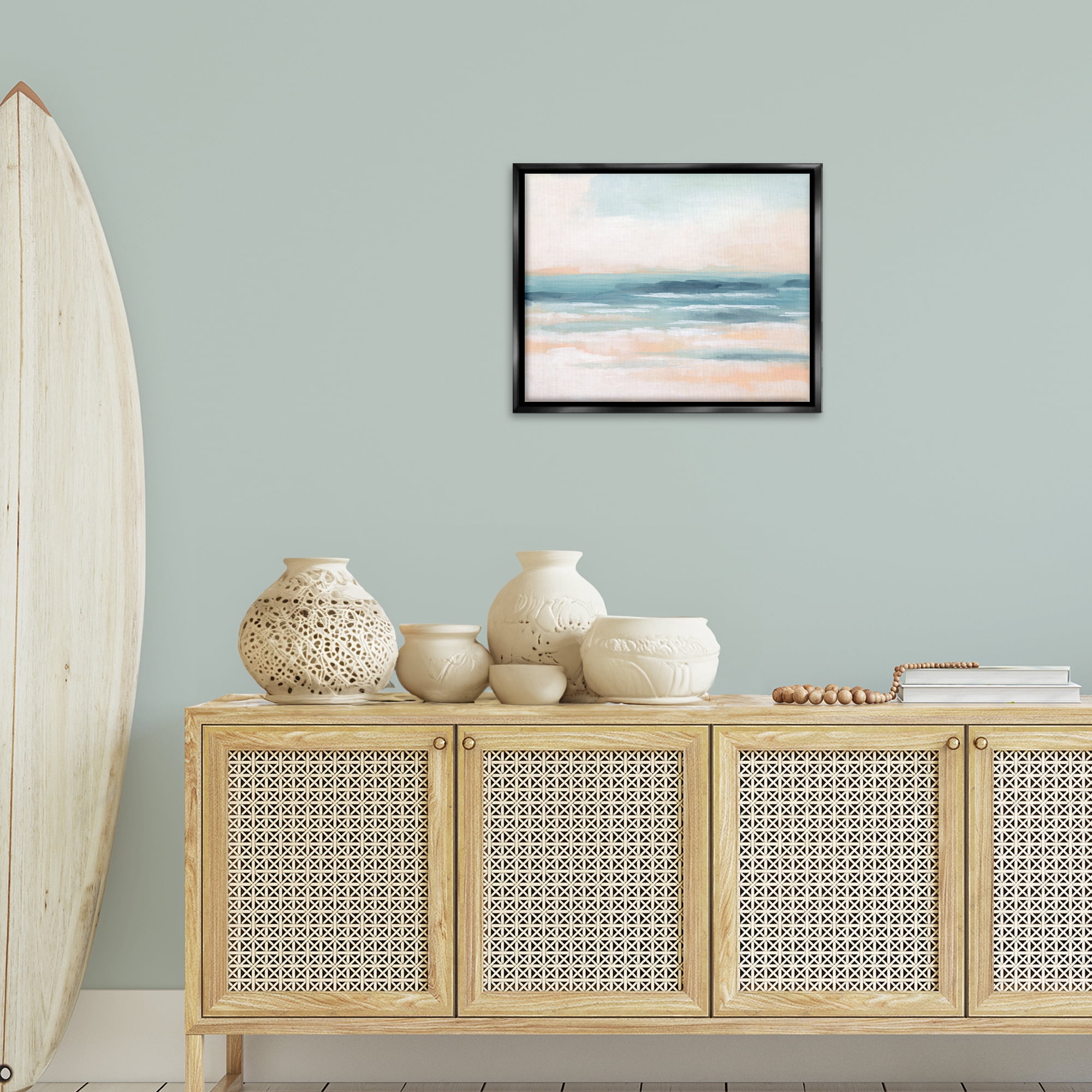 Stupell Industries Pastel Beach Coast Landscape Painting Black Floater Framed Canvas Art Print Wall Art, 21 x 17
