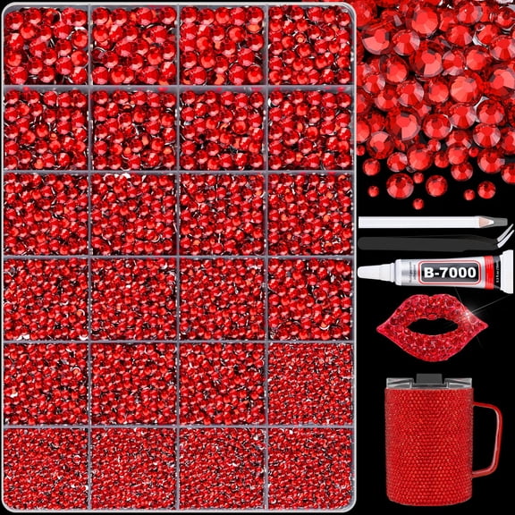 25000Pcs Red Rhinestones for Bedazzling with B7000 Jewelry Glue, Non Hotfix Flatback Gems, Crystal Resin Rhinestones for Crafting Crafts Clothing Tumblers Mugs Shoes Fabric Decor Nail Art