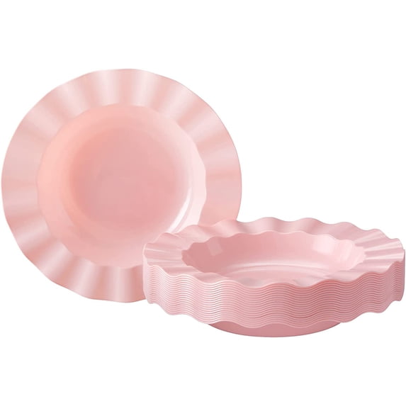 Elegant Plastic Plates for Party with Scalloped Rim (20 PC), Disposable Heavy-Duty Soup Plates for Wedding Reception - 12 oz, Fancy Plastic Dinnerware Sets with Silver Edge for Upscale Events - Pink
