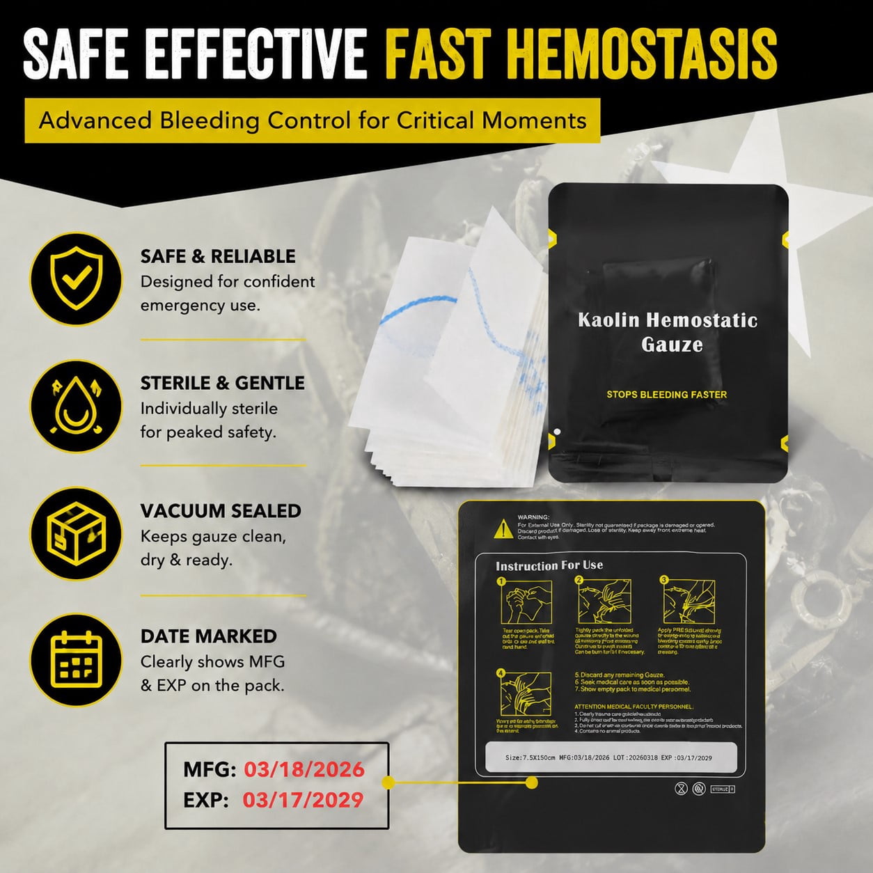 Advanced Quick Clotting Combat Gauze - Hemostatic Wound Packing for Stop The Bleed Kits, Flexible Medical Gauze for Survival Supplies, Trauma First Aid (3"x12.5')