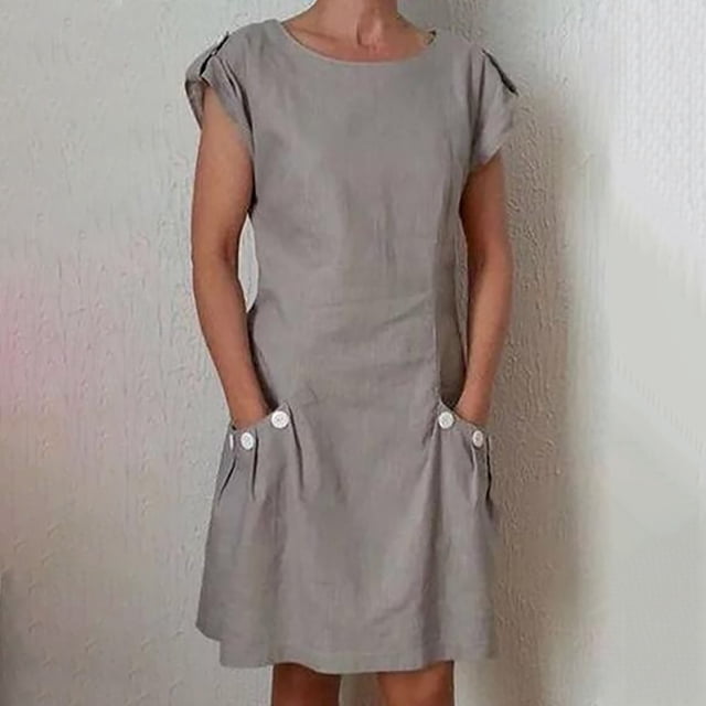 LOVZFMLL Robe à Col Rond Contrastant pour Femme, Nouvelle, Unie, à Boutons, Double Poche, Gris, P