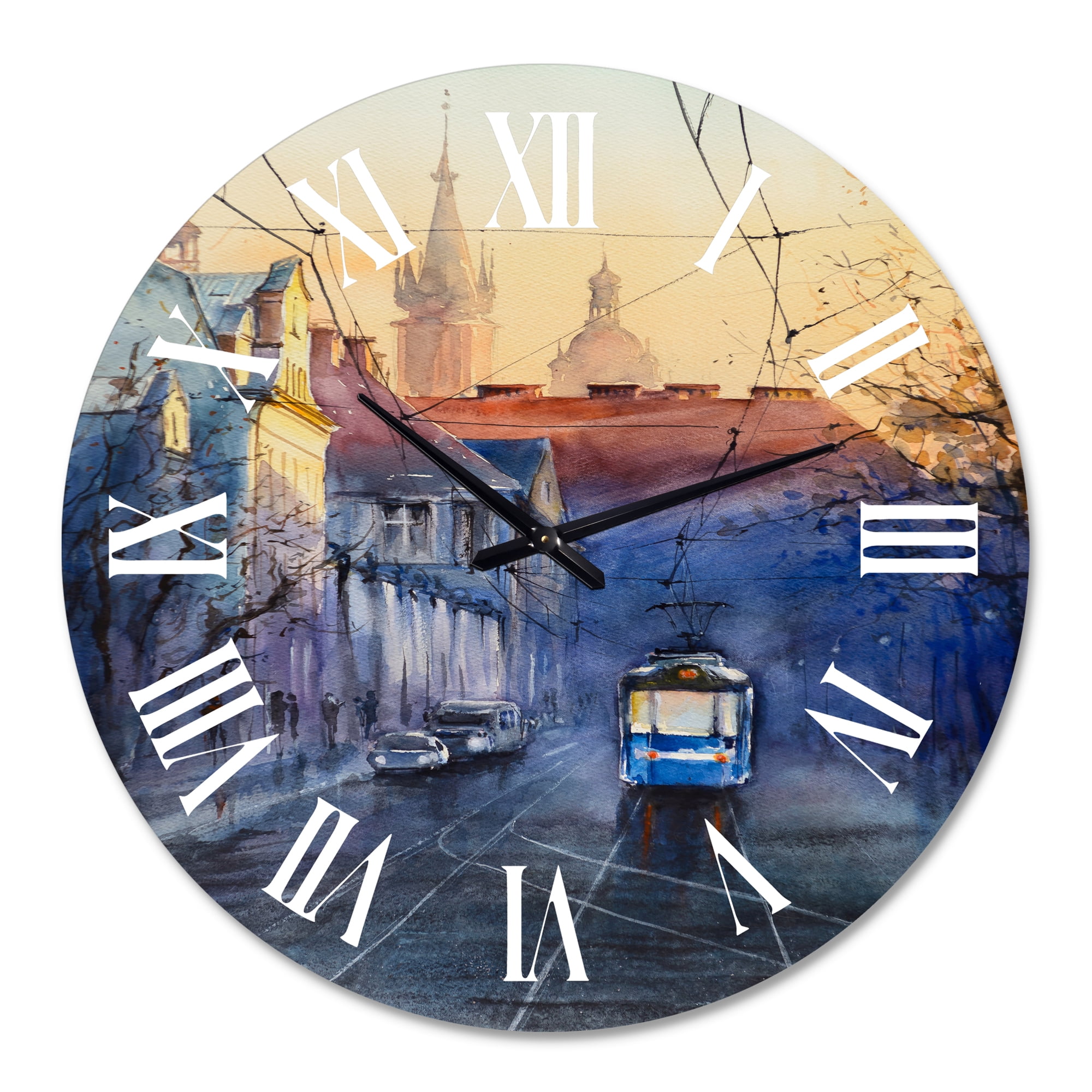 Designart 'Blue Tram At Sunset With Church During Sunset' Nautical & Coastal Wall Clock