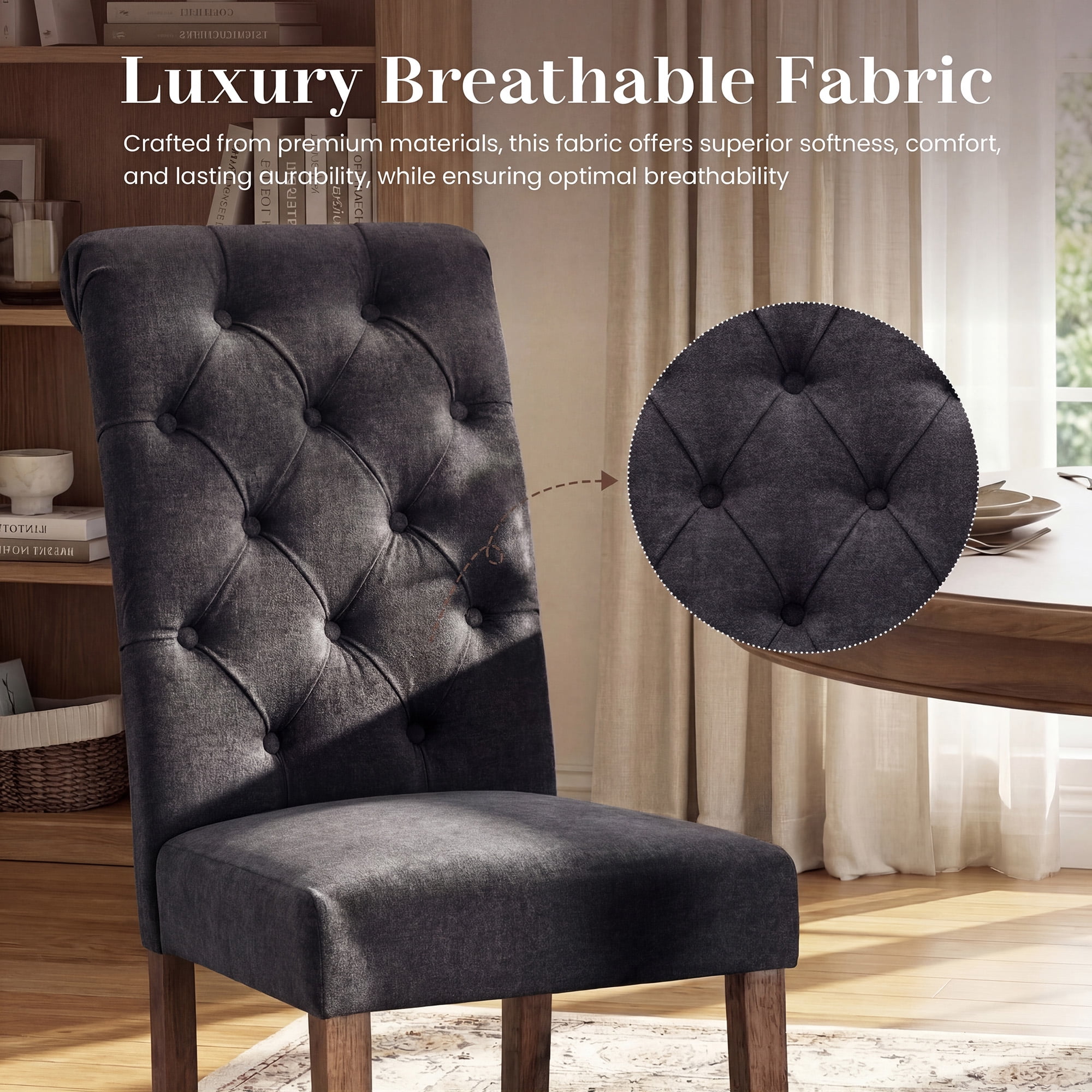 Upholstered Parsons Dining Chairs Set of 6, Button Tufted Kitchen Side Chair for Dining Room, Black