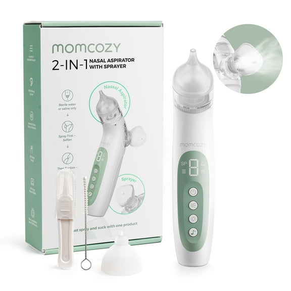 Momcozy BreezyClear™ 2-in-1 Electric Nasal Aspirator with Spray, Nasal Aspirator for Baby, 65kPa Nose Sucker with 4 Adjustable Suction Levels, Portable Electric Nose Cleaner, Light & Music Soothing