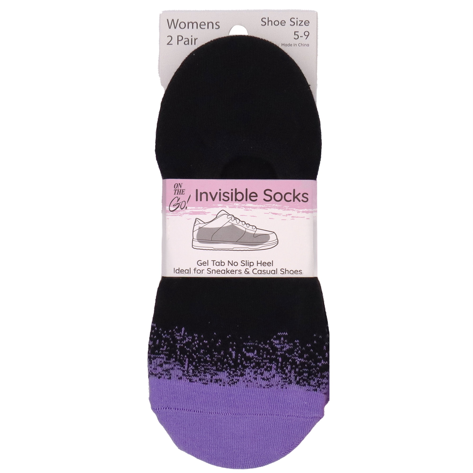 On the Go Women's Invisible Socks (Black Purple Confetti Toe)