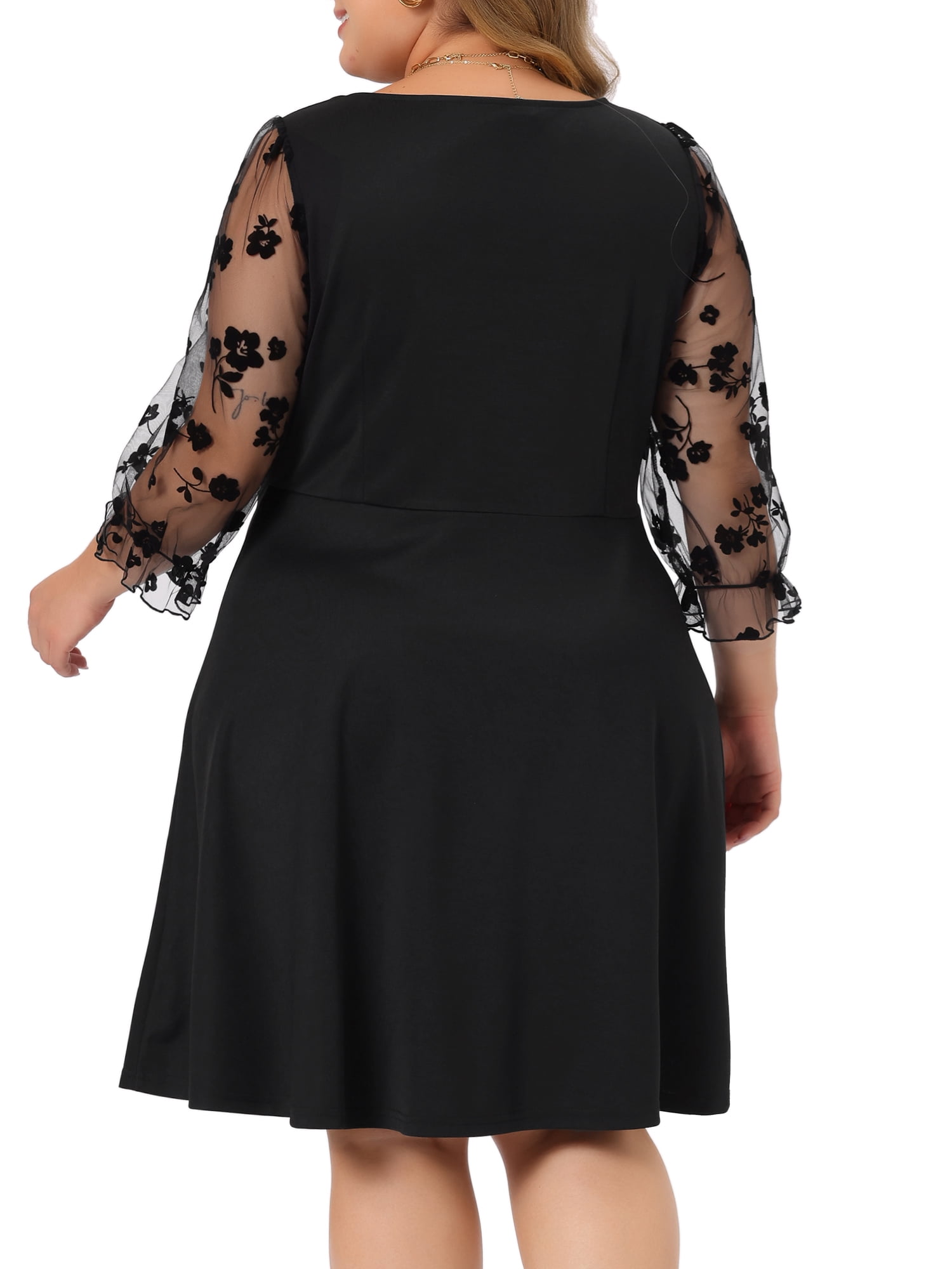 DARING DIVA Plus Women's Size Square Neck Floral Mesh Long Sleeves Dress 3X Black