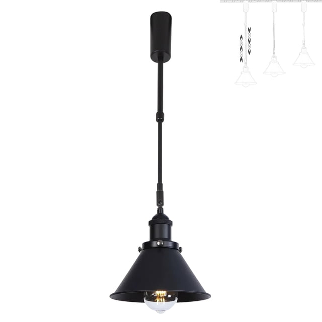 FSLiving Adjustable Height Track Pendnat Light J-Type Retractable Lift Track Spotlight with Telescoping Rod Adjustable Gimbaled Lamp-Post Juno Track Industrial Cone Lamp, Matte Black - 1 Light
