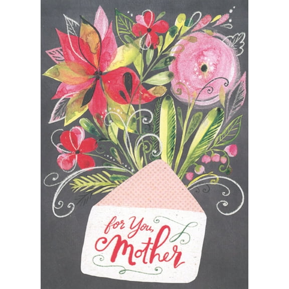 Designer Greetings Red and Pink Flowers, Green Leaves Bursting from Open Envelope Christmas Card for Mother