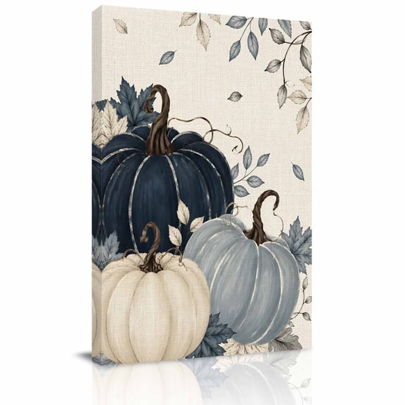 Canvas Wall Art, Fall Pumpkin Navy Blue Framed Canvas Prints for Hallway Living Room, Rustic Botanical Autumn Thanksgiving Extra Large Gallery Wrapped Wall Decor for Home Office, Gifts, 20"x30"