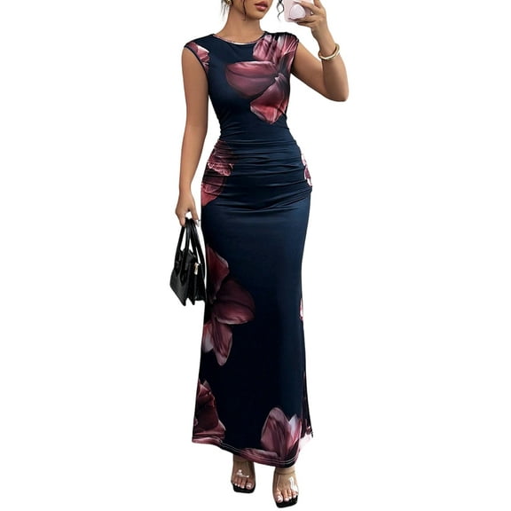 Women Floral Print Ruched Bodycon Dress Elegant Crew Neck Sleeveless Maxi Dresses Navy Blue M