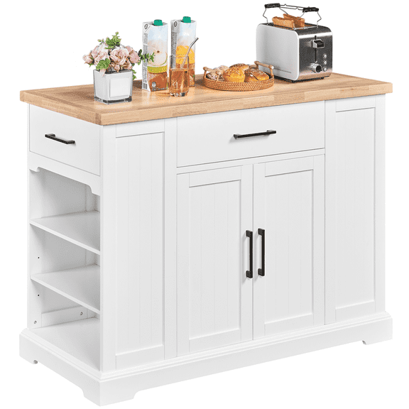 Yaheetech 36″H Wooden Rolling Storage Kitchen Island with Drawer Open Shelving, White