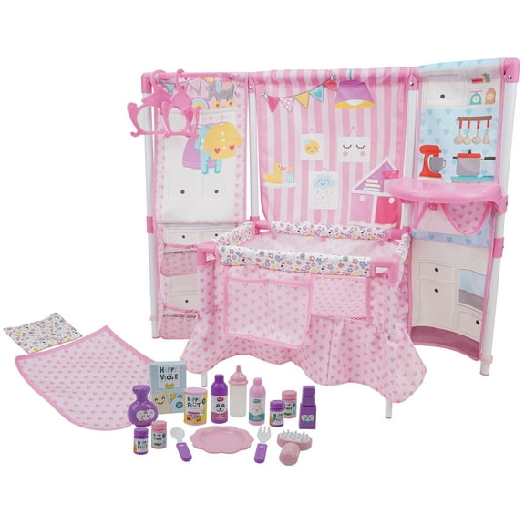 509 Crew Pink Doll BnB Furniture Set, 14" Doll with Highchair & Play Yard, 15 Accessories