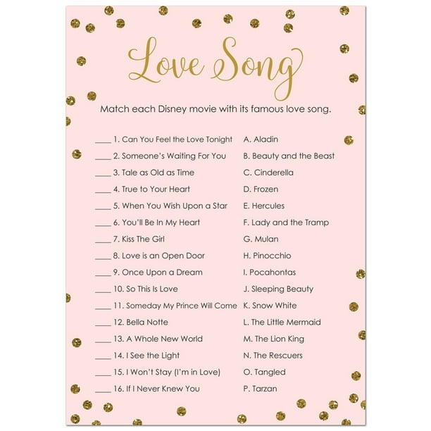Love Song Match Bridal Shower Game Faux Gold Glitter on Pink 24
