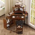 thumbnail image 3 of Corner Vanity Desk Set with Storage Cushioned Stool and Charging Station, Triangle Makeup Desk with Removable Pull-Out Side Cabinet, Glass Tabletop Makeup Vanity Desk with Drawer and Shelf, 3 of 5