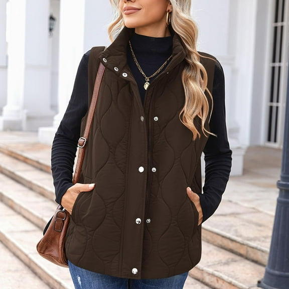 Guzom Womens Brown Quilted Vest - Lightweight Stand Collar, Side Pockets, Spring/Fall/Winter (S-XXL),Size L