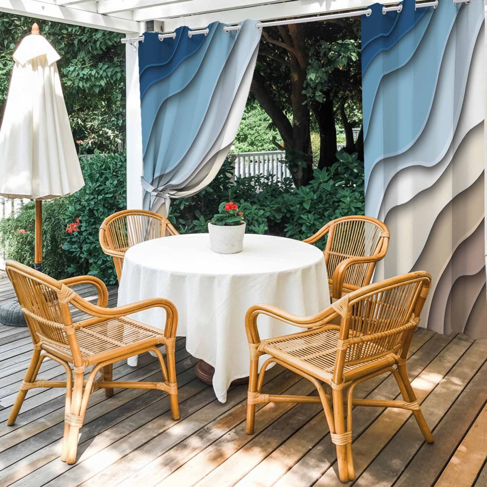 Outdoor Curtains for Patio Waterproof, Navy Blue Brown Ombre Windproof Pravicy Outside Porch Blackout Curtain, Modern Geometric Abstract Cream Sun Blocking Grommets Curtains for Cabana 54"x108"