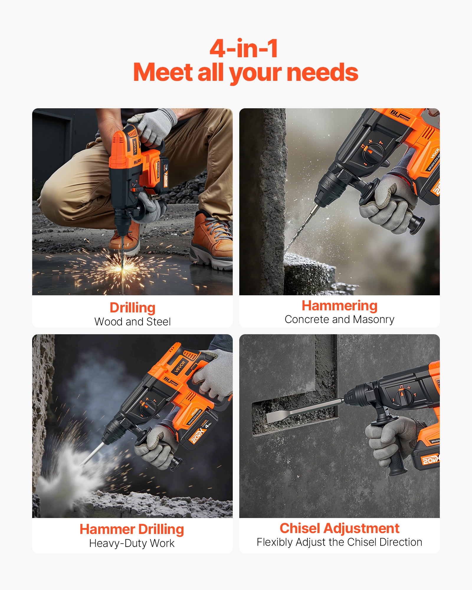 VEVOR 20V Brushless Cordless Hammer Drill, Lithium-Ion 1 Inch Rotary Hammer Driver, SDS-Plus Electric Lightweight Power Tool Kit with Battery and Charger, 4 Functions, 1200 RPM, 5300 BPM