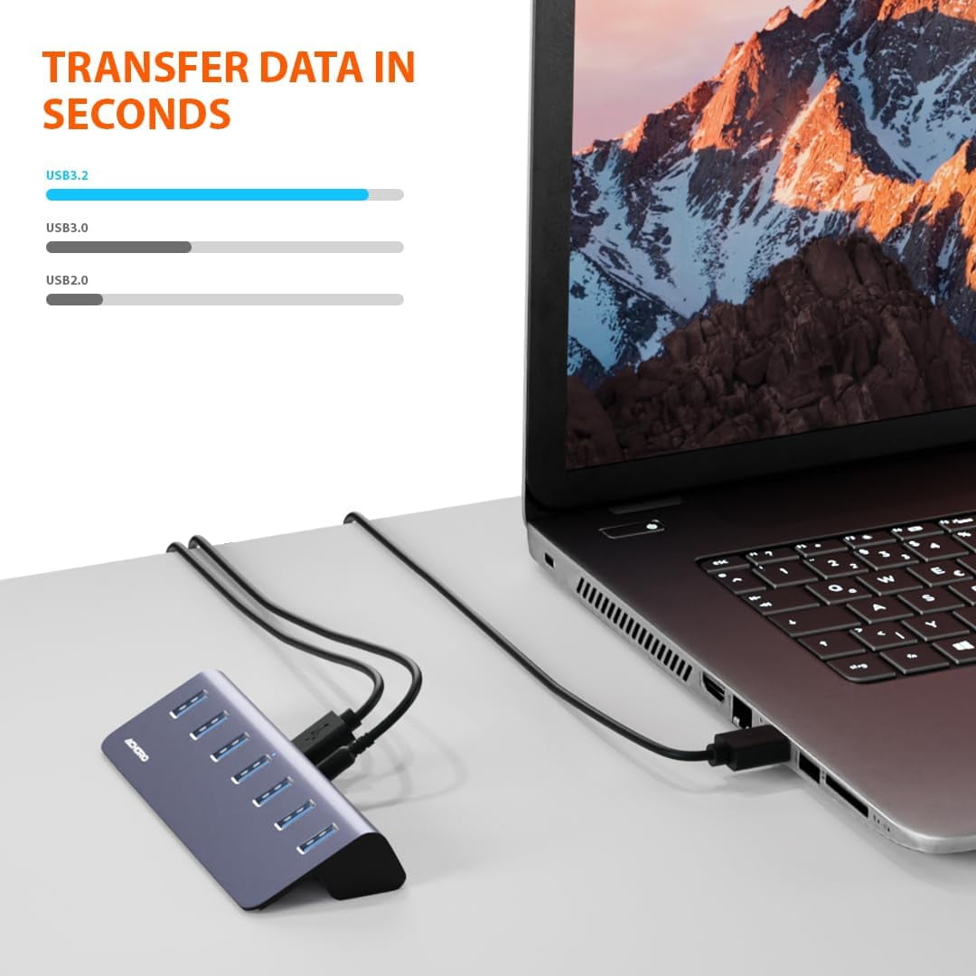 7 Ports Powered USB HUB – 2nd Generation 10GB Super Speed External Ports – USB 3.2 Aluminium USB for Computer, Mac, PCs, Smartphone & Tablets – Computer Multiple USB A & C Hub
