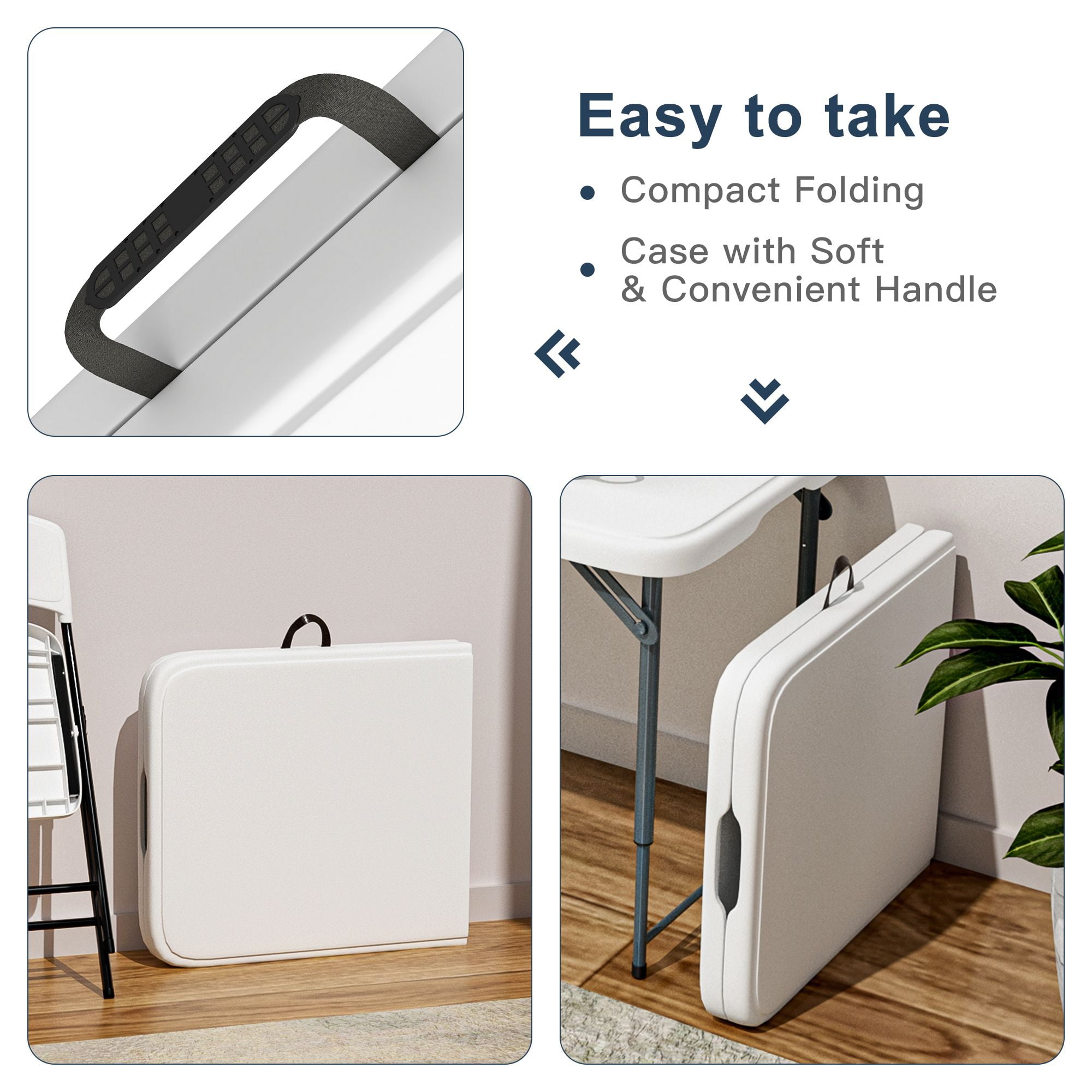 Demi Bonn 4ft Plastic Folding Table with Height Adjustable, Multipurposedoor Outdoor Duty Portable Rectangle Table with Handle, Lock for Picnic, Party, Camping, White