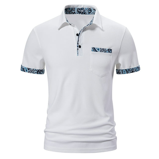 Penkiiy Patchwork Print Blouse Pullover for Men Business Button Short Sleeve T-Shirt Tops Turn Down Regular Shirt Tees Work XL White