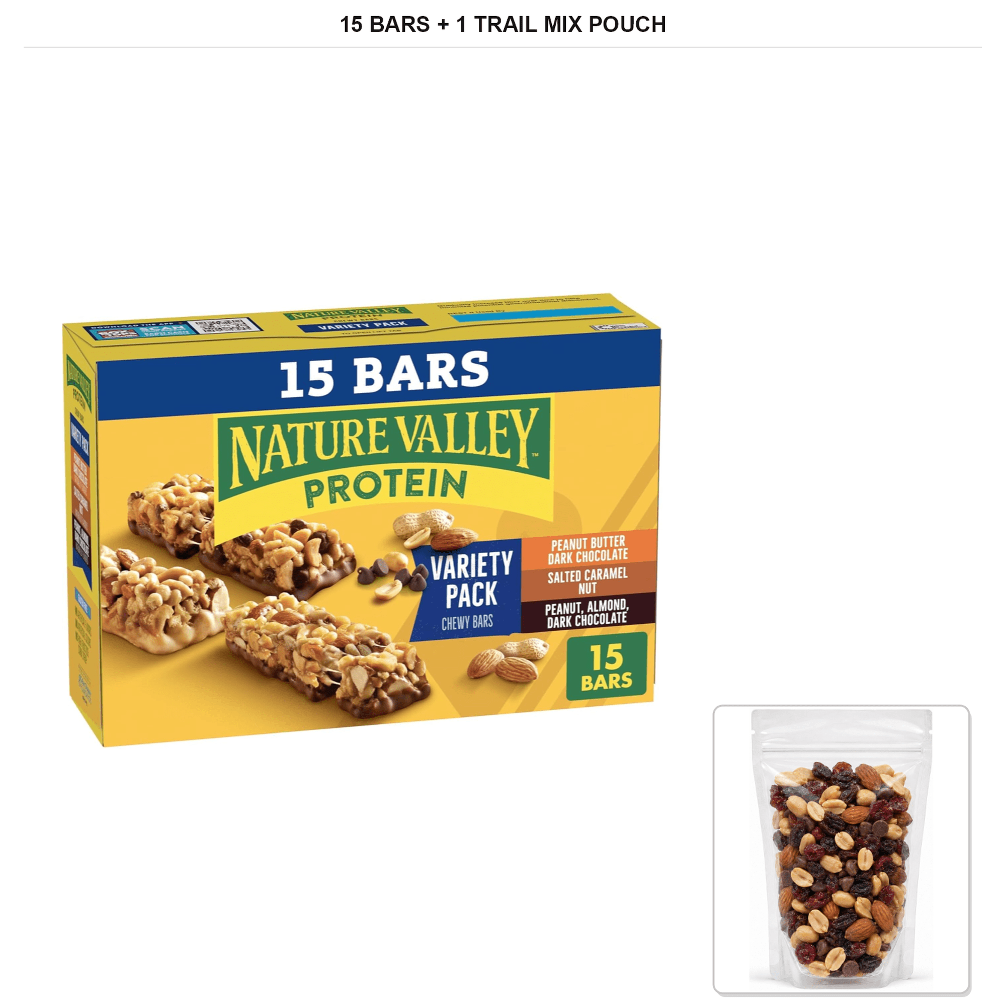 Nature Valley Protein Bar Variety, PB Chocolate, Caramel Nut & Peanut Almond Chocolate, 15 Bars 21.3 oz Box with 1 Bybies Trail Mix Pouch, 2 oz