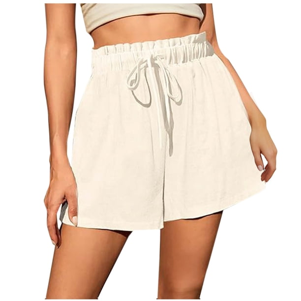 Puntoco Pantalones cortos de algodón para mujer Pantalones cortos casuales de moda para mujer de color sólido de cintura media con cordón para playa