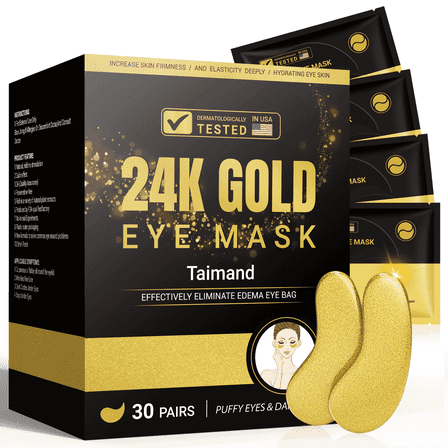 24K Gold Under Eye Mask for Puffy Eyes, Dark Circles, Bags and Wrinkles Patches, 30 Pairs