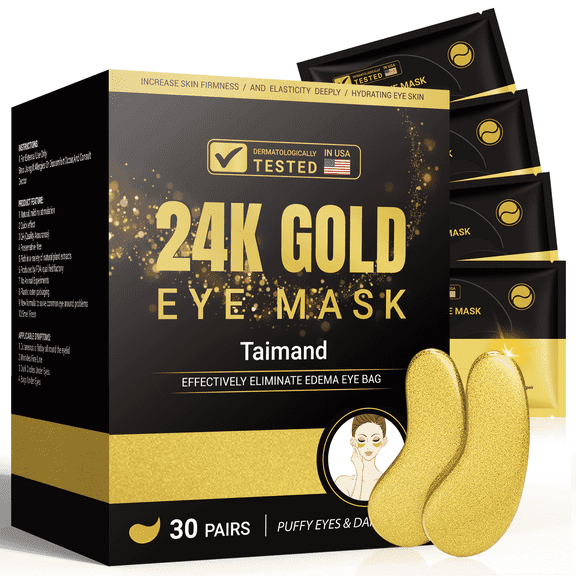 24K Gold Under Eye Mask for Puffy Eyes, Dark Circles, Bags and Wrinkles Patches, 30 Pairs