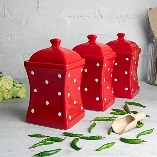 City to Cottage Red and White Polka Dot Handmade, 31.5oz/900ml Ceramic Kitchen Storage Jar Set of 3, Same Size Large Canisters