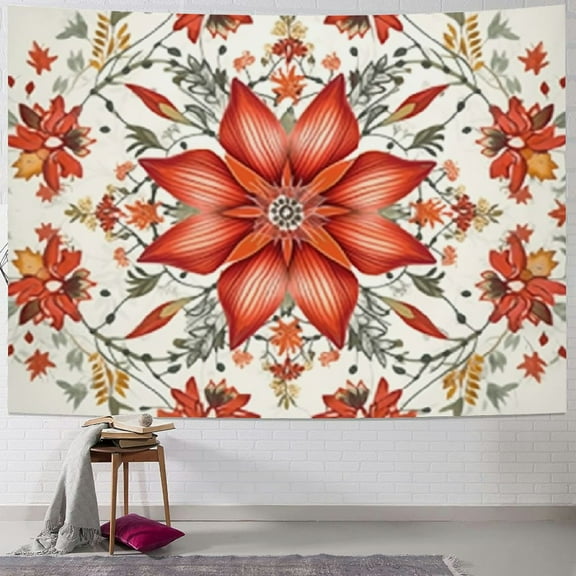 PRATYUS Boho Tapestry Wall Hanging, Mandala Orange Floral Aesthetic Tapestry Bohemian Decor for Home Bedroom Dorm Living Room Teen Girl 40x30inch
