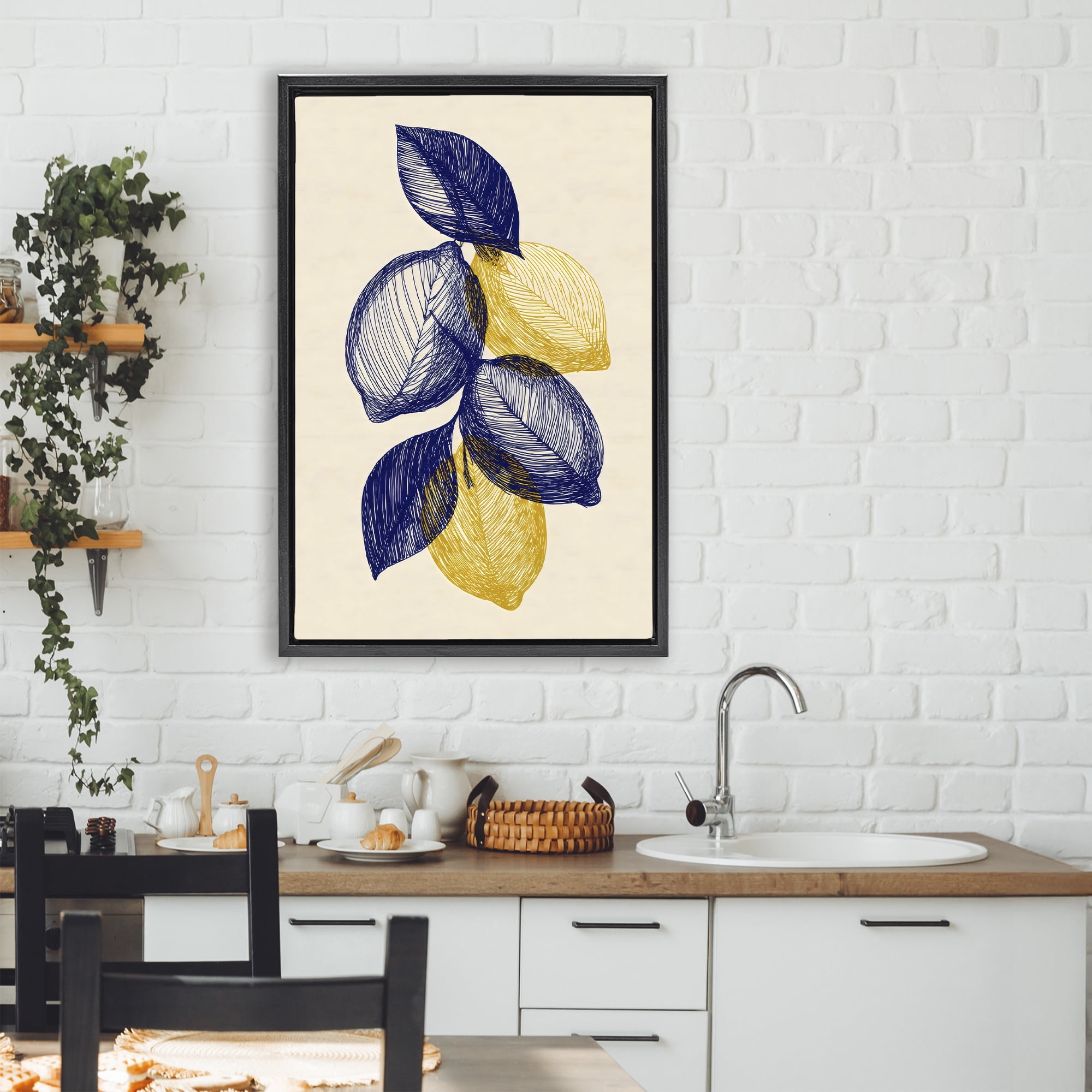 Stupell Industries Navy Lemons Botanical Sketch Black Framed Floater Canvas Wall Art, design by Petal Prints Design