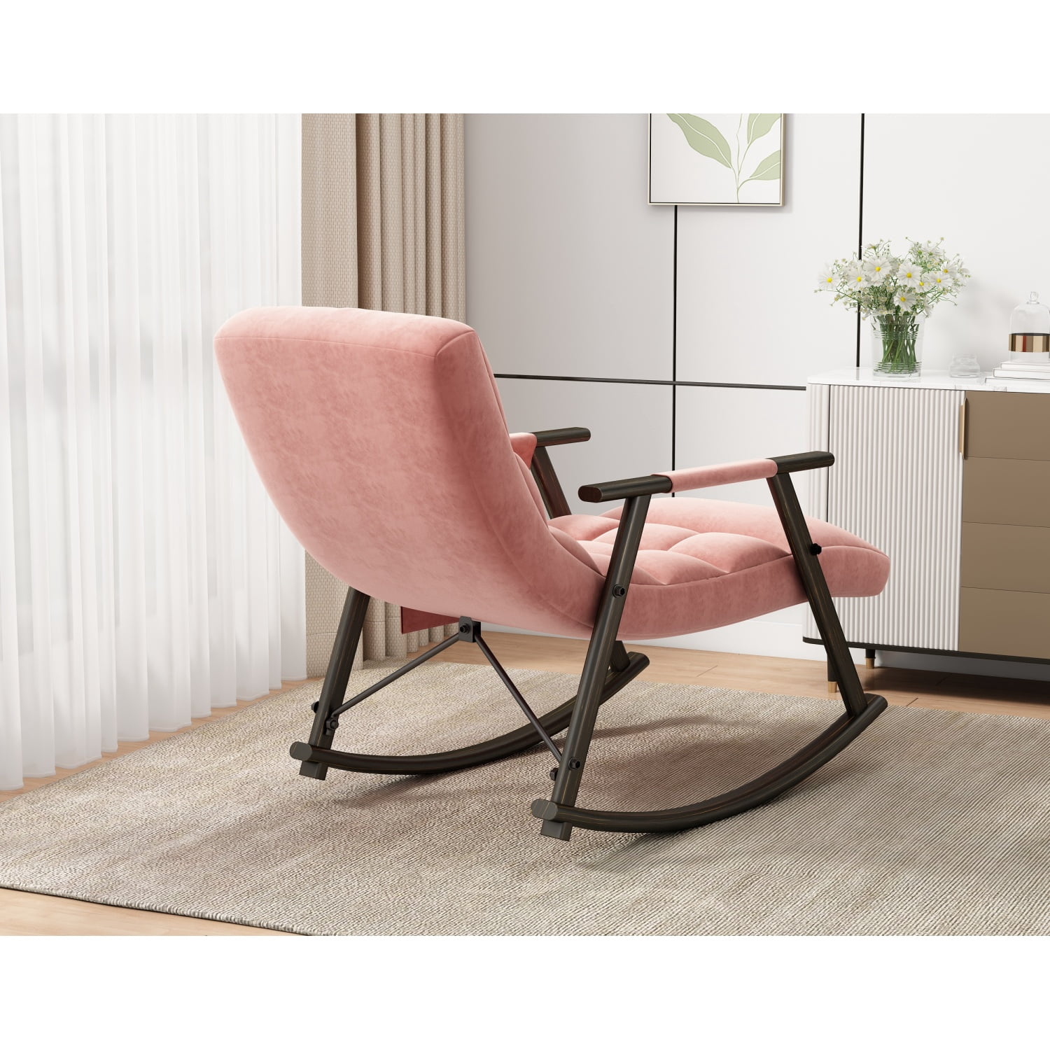 Casual Folding Rocking Chair Lounge Chair with Adjustable Back and Footrest, Pink Plush Velvet