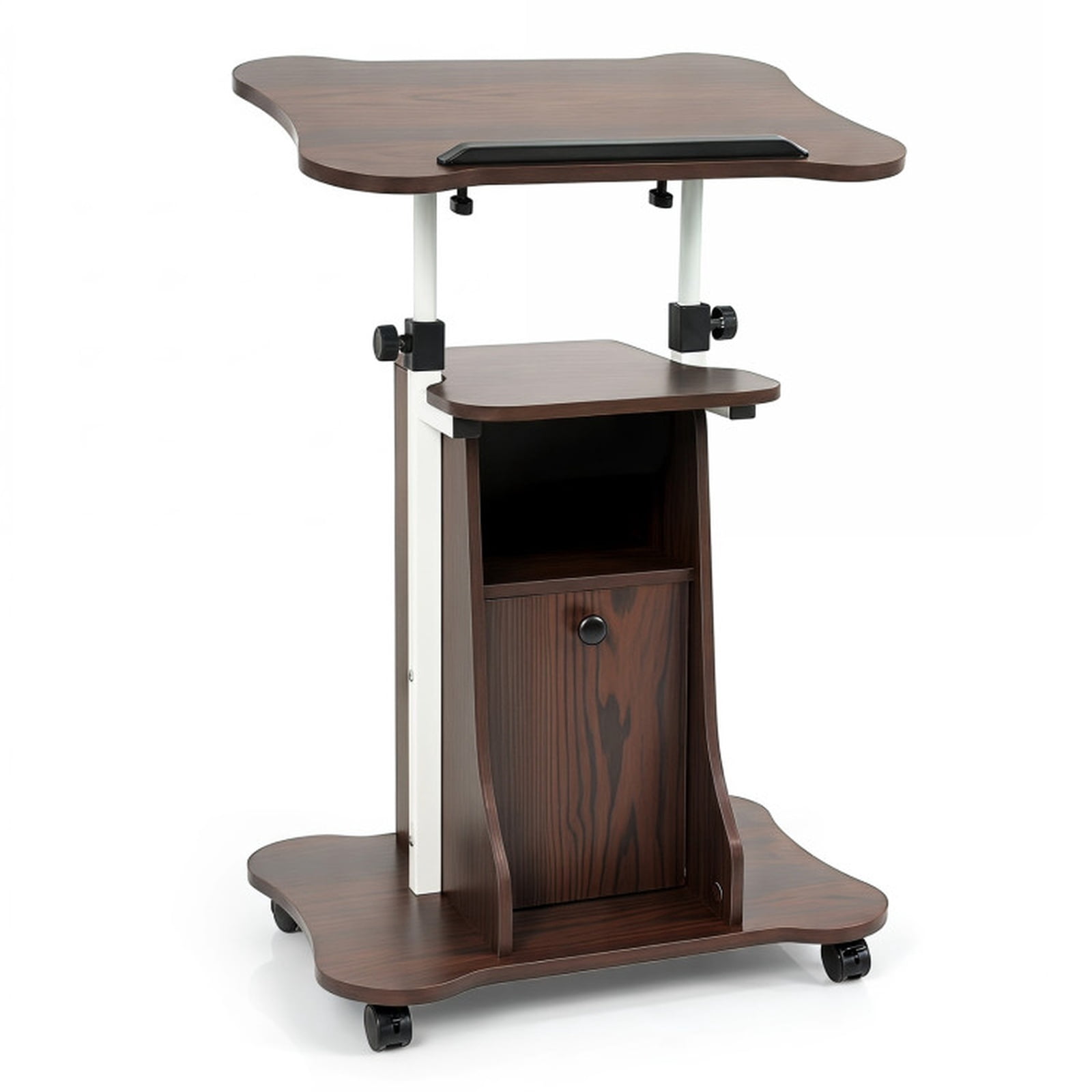 Furnibear Adjustable Mobile Standing Desk Cart with Tilting Desktop Cabinet and Locking Casters for Home Office and School, Brown
