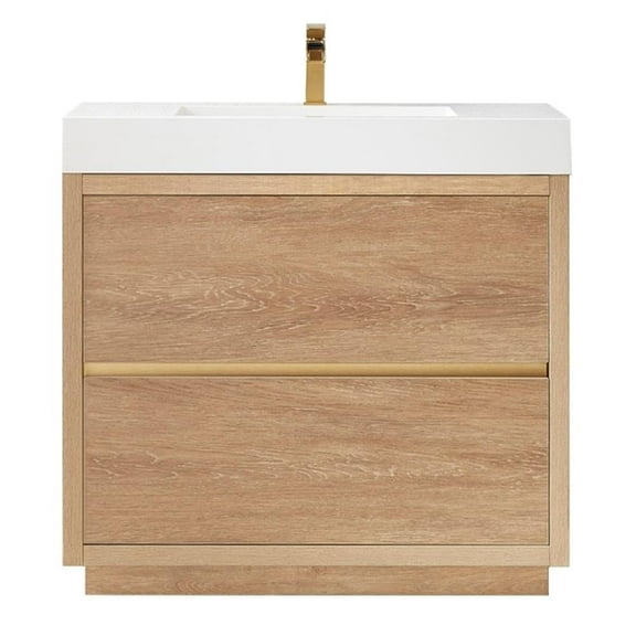 Pemberly Row Single Sink Bathroom Vanity Natural Oak Wood White Top - No Mirror